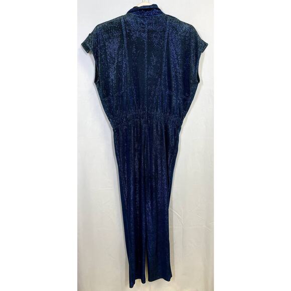 CAROLINA RITZLER Cap Sleeve Belted Metallic Jumpsuit Retro Blue Size 36 US 2 - Picture 3 of 11
